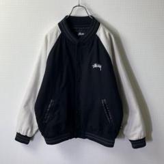 STUSSY　ウールスタジャン　M　ブラックホワイト　ストックロゴ刺繍　裏地