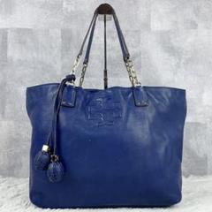 A4可 美品 トリーバーチ レザー トートバッグ テア フリンジ エンボス 青