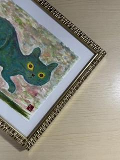 手書きの猫の絵画 金属製フレーム付き