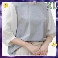 七分袖トップス グレー 袖シフォン XL