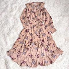 4734 Aライン花柄フレアワンピース M ウエスト切替 ボタニカル 女っぽ
