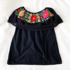 海外古着 メキシカン チアパス州 手刺繍 フラワー オフショルブラウス 民族 黒