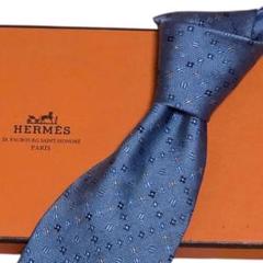 美品 HERMES ネクタイ H2903 総柄 ブルー系 シルク100% 箱付き