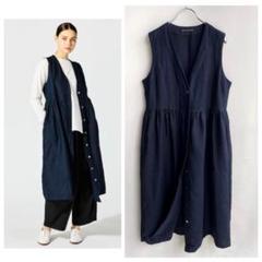 極美品 ミズイロインド 麻100% リネンジレワンピース 23SS ネイビー 極美品 ミズイロインド 麻100% リネンジレワンピース 23SS