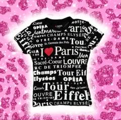 平成00s I♡PARIS英字プリントy2k黒チビTピチT総柄テキスト平成