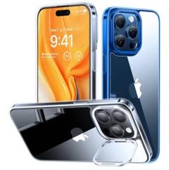 隠しスタンド付き iPhone 15 Pro スマホケース クリア×ブルー