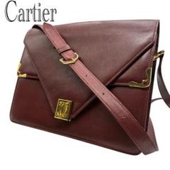 【美品】Cartierマスト ショルダーバッグ ダブルフラップ ボルドー　レザー