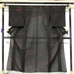 お着物】身丈149cm 紗 小紋 夏着物 薄物 盛夏 黒色 赤色 花柄