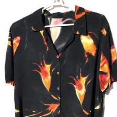 ヴィンテージ L XL 半袖 黒 総柄 柄 ポリエステル シャツのサムネイル