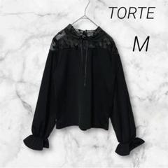 【TORTE】レース 切替 長袖ブラウス ベルスリーブ シースルー リボン M