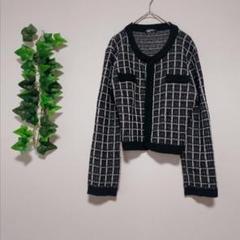 カーディガン　ショート丈　チェック柄　Lサイズ　白黒