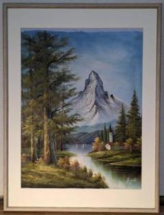 真作】絵画 油彩 湖畔の教会とアルプス 風景画 洋画風景 W125
