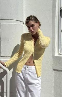 ZARA フリルニットカーディガン L イエロー ZARA フリルニットカーディガン L イエロー