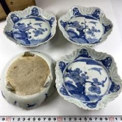 古伊万里　青磁染付三足皿4枚　木箱付　幅約13.5cm 東Y6-1120①タウル 古伊万里 青磁染付三足皿4枚 木箱付 幅約13.5cm 東Y6-1120①