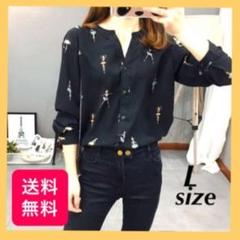 ☆新品☆お洒落❤︎シフォンシャツトップス バレリーナ柄長袖ブラウスVネックシャツ