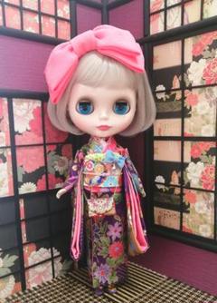 【夢人屋呉服店】ブライス 着物　大きなピンク色のリボンカチューシャのお着物セット