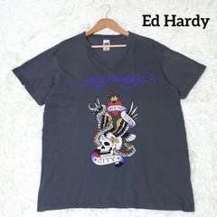 Ed Hardy エドハーディー【XL】スカルTシャツ 鷹 蛇 Vネック 灰色