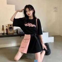 夏物SALE★セットアップ　Tシャツ　半袖　黒　ピンク　L　ロゴ　韓国っぽ