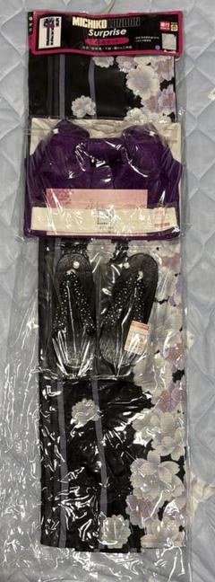 浴衣ゆかたブラック紫レディース八重桜夏お祭り七夕下駄24付き4点セット新品未開封