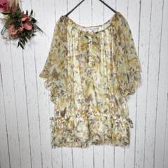 グラシア　ペプラムチュニックブラウス　【M】　ブラウン　花柄　シフォンスリーブ