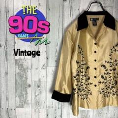 80's 90's レトロ古着　襟ベロア　個性派　オープンカラーシルクシャツ