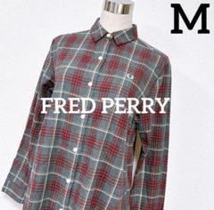 FRED PERRY シャツワンピース　チュニック　チェック柄　グレー×赤　M
