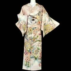 アンティーク着物 訪問着 美しい花模様 乱菊 刺繍 鳥の子色 AK-5018