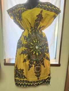 一点物！現地ハンドメイド　アフリカンプリントドレス　黄色　Sサイズ