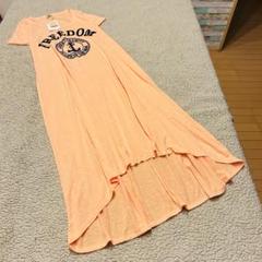 美品タグ付き新品♥︎リッスンハートビート♥︎半袖ロングワンピース【M】麻混アシメ橙色