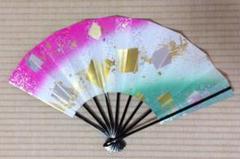 尺扇　日本舞踊用 扇子 舞扇　ピンクグリーン緑《金霞》箱入り