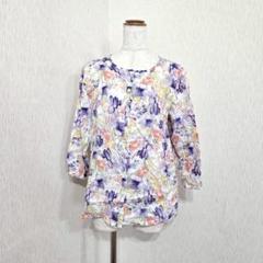 ランズエンド 花柄 リネンブラウス 七分袖 9号 麻100% インド製