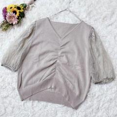 GRL　グレイル【L】Vネック　半袖ニット　レース　カットソー　ギャザー　丈短い
