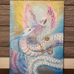 SALE】No.471 龍神 白龍 黒龍 鳳凰 開運絵画 大きめ F4サイズ