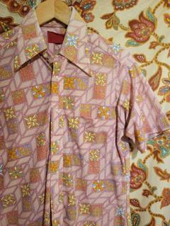 70s ヴィンテージ 総柄シャツ S ポリ 幾何学模様 SEARS USA