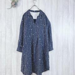 ☆サニークラウズ (LL) ロング シャツワンピース ネイビー ドット 綿麻混