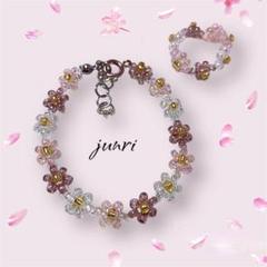 ハンドメイド　フラワー　ビーズ　ブレスレット　リング　セット