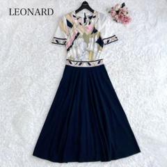 レオナール　カンカン　ブルー系花柄ワンピース　40（ゆったり）　クリーニング済み ワンピース 『リネンライクイージードライ オープンカラー
