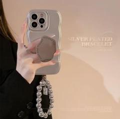 シルバー iPhoneケース 波状デザイン ストラップ付き
