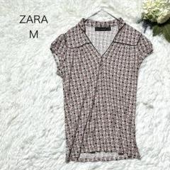 ザラ カットソー Tシャツ M 総柄 半袖 ストレッチ 白 赤 黒