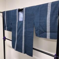 道行　正絹　紬　縦縞　格子模様　チェック　ブルー　着物　071tz
