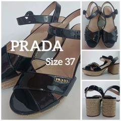 PRADA プラダ ロゴ入り エナメル 太ヒールサンダル 厚底サンダル PRADA プラダ ロゴ入り エナメル 太ヒールサンダル 厚底サンダル