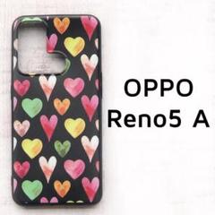 OPPO Reno5A カバー 黒 カラフル ハート柄