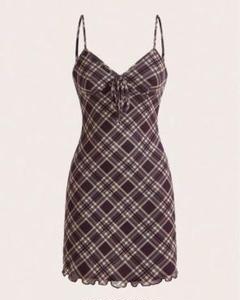 SHEIN EZwear チェック柄 スクエアネック スリップドレス ワンピース