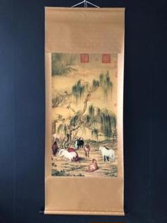 中国古美術・八骏図・純手描き三尺中堂画・水印付き・郎世宁印款・国画・茶道・文房具 中国古美術・八骏図・純手描き三尺中堂画・水印付き・郎世宁印款