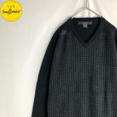 【ニット　千鳥格子　総柄　刺繍　ラグラン　バイカラー　グレー　黒　古着】