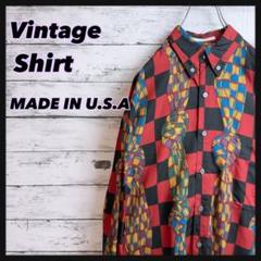 レーヨン【USA製】90'sヴィンテージチェッカーフラッグパターン長袖総柄シャツ
