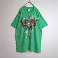 Tシャツ (L) 十字架 プリントデザイン 羽 アイルランド 緑系 古着