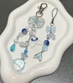 ビーズチャーム ハンドメイド イルカ ミニキーホルダー付き