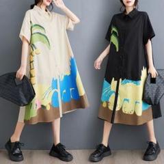 新品◎大人気 ゆったり 切り替え プリント 半袖 ロングワンピース おしゃれ