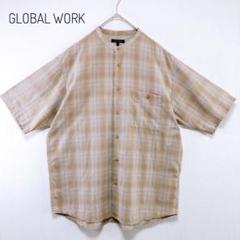 グローバルワーク チェック柄バンドカラーシャツ 半袖 洗える お洒落 夏 L